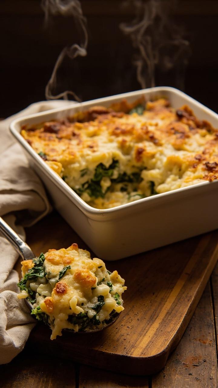 A square baking dish fresh from the oven with a golden top of melted cheese and visible pockets of green spinach and small pasta grains. A serving scoop with a wedge of casserole is on a wooden board next to a folded towel.