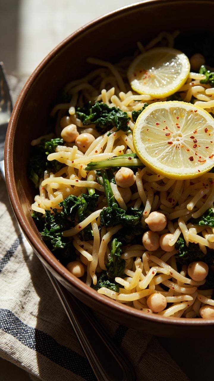 A deep bowl of golden orzo mingled with green ribbons of cooked kale and plump light beige chickpeas. Thin lemon slices and a sprinkle of crushed red pepper sit on top. A small spoon and a striped napkin rest beside the bowl.