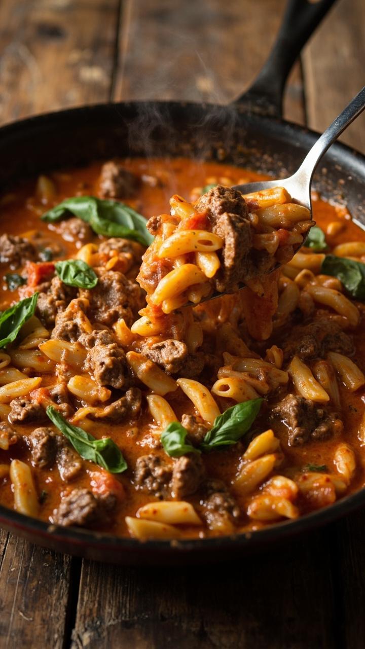 A shallow skillet of reddish creamy orzo with browned crumbled beef throughout and bright basil leaves scattered on top. A spoonful pulls away showing the creamy texture. A rustic wooden table sets the scene.