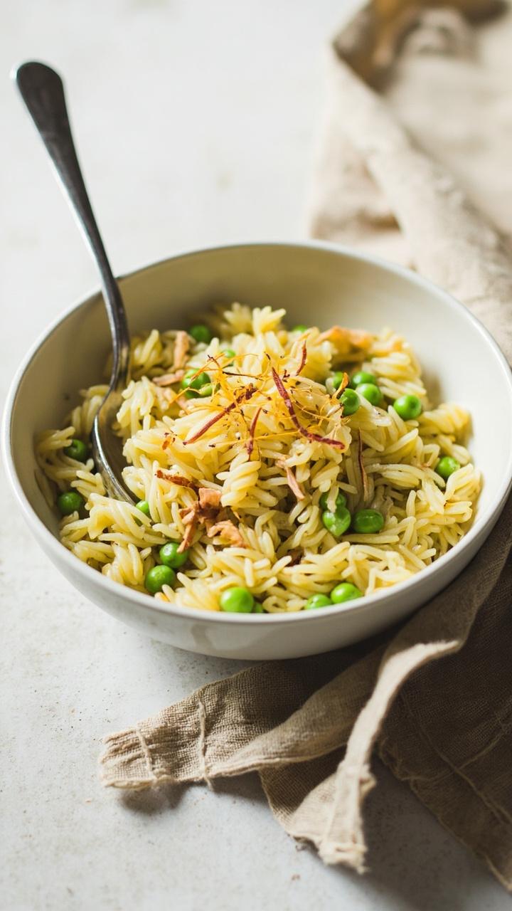 A shallow white bowl of pale golden orzo flecked with green peas and slivered toasted almonds. A few saffron threads are visible on top and a small spoon rests in the bowl. A light linen cloth is draped nearby.