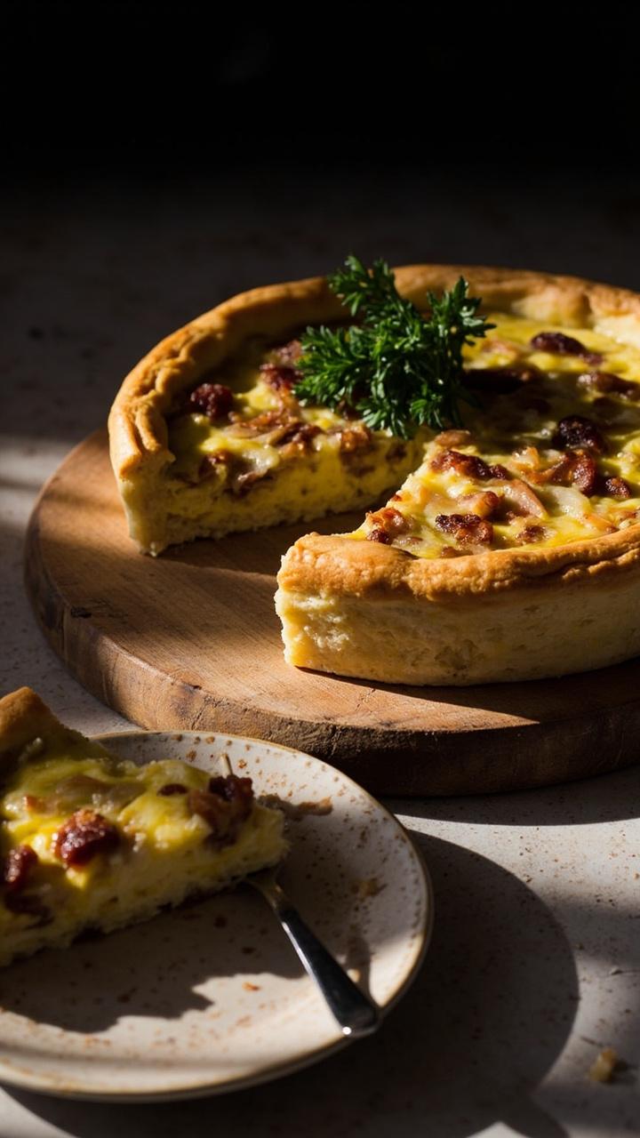 Golden 9 inch quiche on a wooden board with one slice removed showing a creamy pale yellow interior dotted with bacon and onion, a fork on a small ceramic plate with the slice, a sprig of parsley on the quiche, soft morning light. Golden 9 inch quiche on a wooden board with one slice removed showing a creamy pale yellow interior dotted with bacon and onion, a fork on a small ceramic plate with the slice, a sprig of parsley on the quiche, soft morning light.