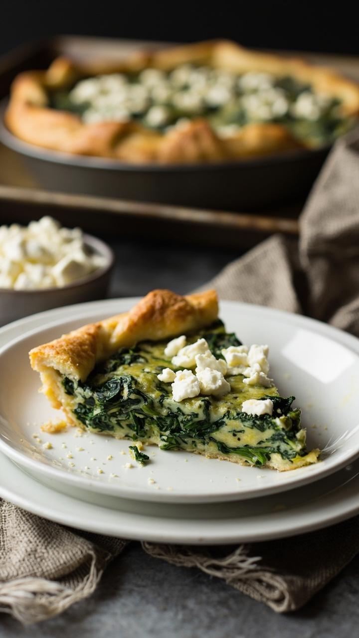 Slice of spinach and feta quiche on a white plate, pale green filling dotted with white feta crumbles, whole quiche on a baking sheet in the background, a small bowl of extra crumbled feta and a linen napkin. Slice of spinach and feta quiche on a white plate, pale green filling dotted with white feta crumbles, whole quiche on a baking sheet in the background, a small bowl of extra crumbled feta and a linen napkin.