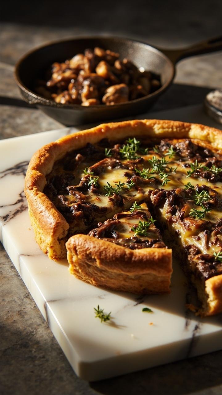 Round quiche on a marble slab with a wedge removed showing layers of browned mushrooms and melted cheese, sprigs of fresh thyme on top, a small cast iron skillet with sautéed mushrooms nearby. Round quiche on a marble slab with a wedge removed showing layers of browned mushrooms and melted cheese, sprigs of fresh thyme on top, a small cast iron skillet with sautéed mushrooms nearby.