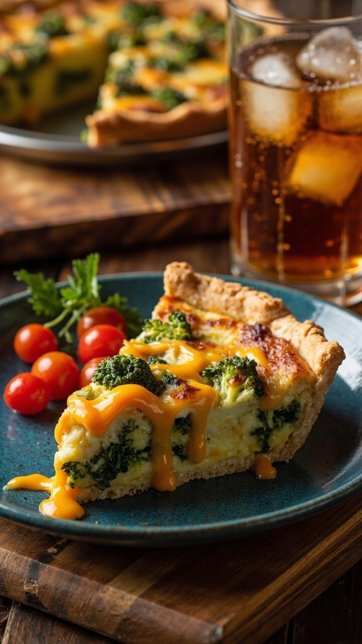 Thick wedge of broccoli cheddar crustless quiche on a blue ceramic plate with visible broccoli florets and melted cheddar, small side of cherry tomatoes, a wooden cutting board and a glass of iced tea. Thick wedge of broccoli cheddar crustless quiche on a blue ceramic plate with visible broccoli florets and melted cheddar, small side of cherry tomatoes, a wooden cutting board and a glass of iced tea.