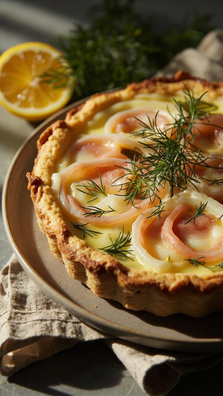 Open quiche with pale pink ribbons of smoked salmon peeking through a creamy custard, dill sprigs scattered on top, a lemon half on the side and a linen napkin under the plate. Open quiche with pale pink ribbons of smoked salmon peeking through a creamy custard, dill sprigs scattered on top, a lemon half on the side and a linen napkin under the plate.