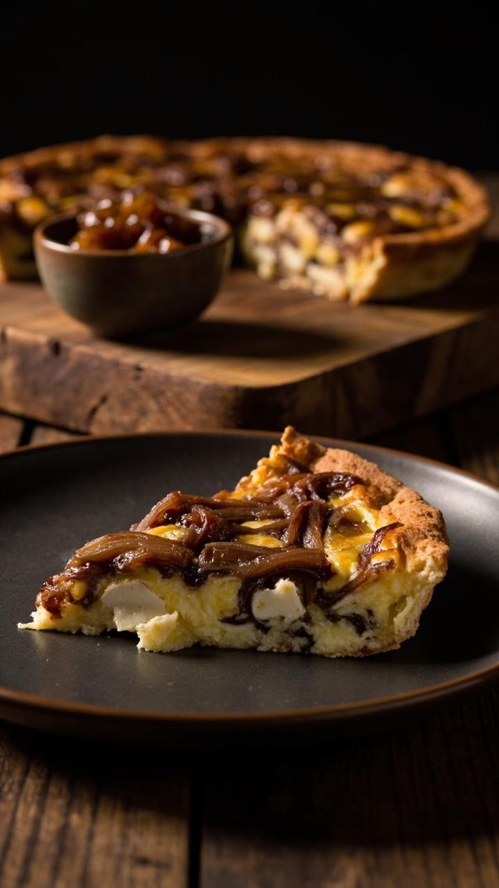 Slice of quiche on a dark ceramic plate with visible ribbons of caramelized onion and crumbled goat cheese, whole quiche in background with a small bowl of extra caramelized onions, wooden serving board. Slice of quiche on a dark ceramic plate with visible ribbons of caramelized onion and crumbled goat cheese, whole quiche in background with a small bowl of extra caramelized onions, wooden serving board.
