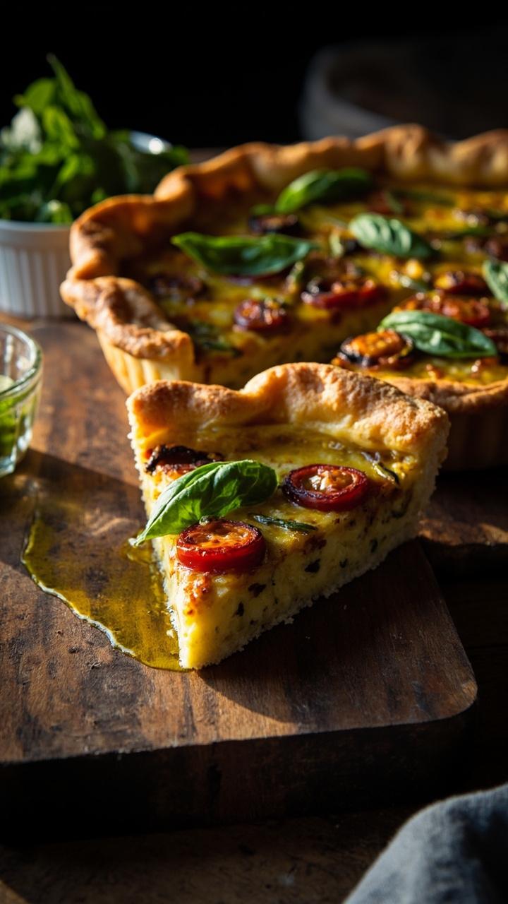Quiche on a rustic wooden board with roasted tomato halves visible on top, fresh basil leaves scattered over the slice, a small drizzle of olive oil on the board and a bowl of extra basil. Quiche on a rustic wooden board with roasted tomato halves visible on top, fresh basil leaves scattered over the slice, a small drizzle of olive oil on the board and a bowl of extra basil.