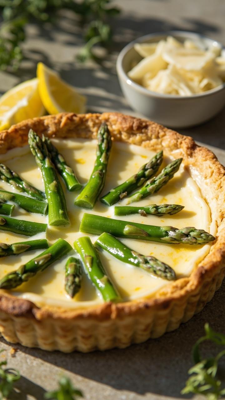 Quiche with whole asparagus tips arranged on top, pale cheesy custard and a thin golden crust, a small bowl of shaved Parmesan and lemon slices nearby, soft natural light. Quiche with whole asparagus tips arranged on top, pale cheesy custard and a thin golden crust, a small bowl of shaved Parmesan and lemon slices nearby, soft natural light.