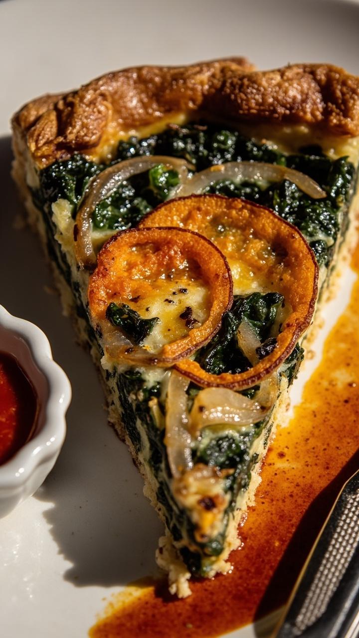 Slice of quiche with visible thin sweet potato rounds layered over wilted kale and onion, deep orange edges and a green kale contrast, napkin and a small ramekin of hot sauce on the side. Slice of quiche with visible thin sweet potato rounds layered over wilted kale and onion, deep orange edges and a green kale contrast, napkin and a small ramekin of hot sauce on the side.
