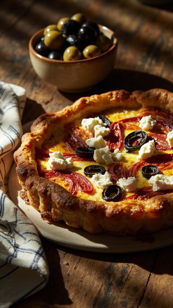 Quiche with sun dried tomato strips and black olive slices visible on the surface, crumbled feta on top, a small bowl of mixed olives and a folded striped napkin nearby. Quiche with sun dried tomato strips and black olive slices visible on the surface, crumbled feta on top, a small bowl of mixed olives and a folded striped napkin nearby.
