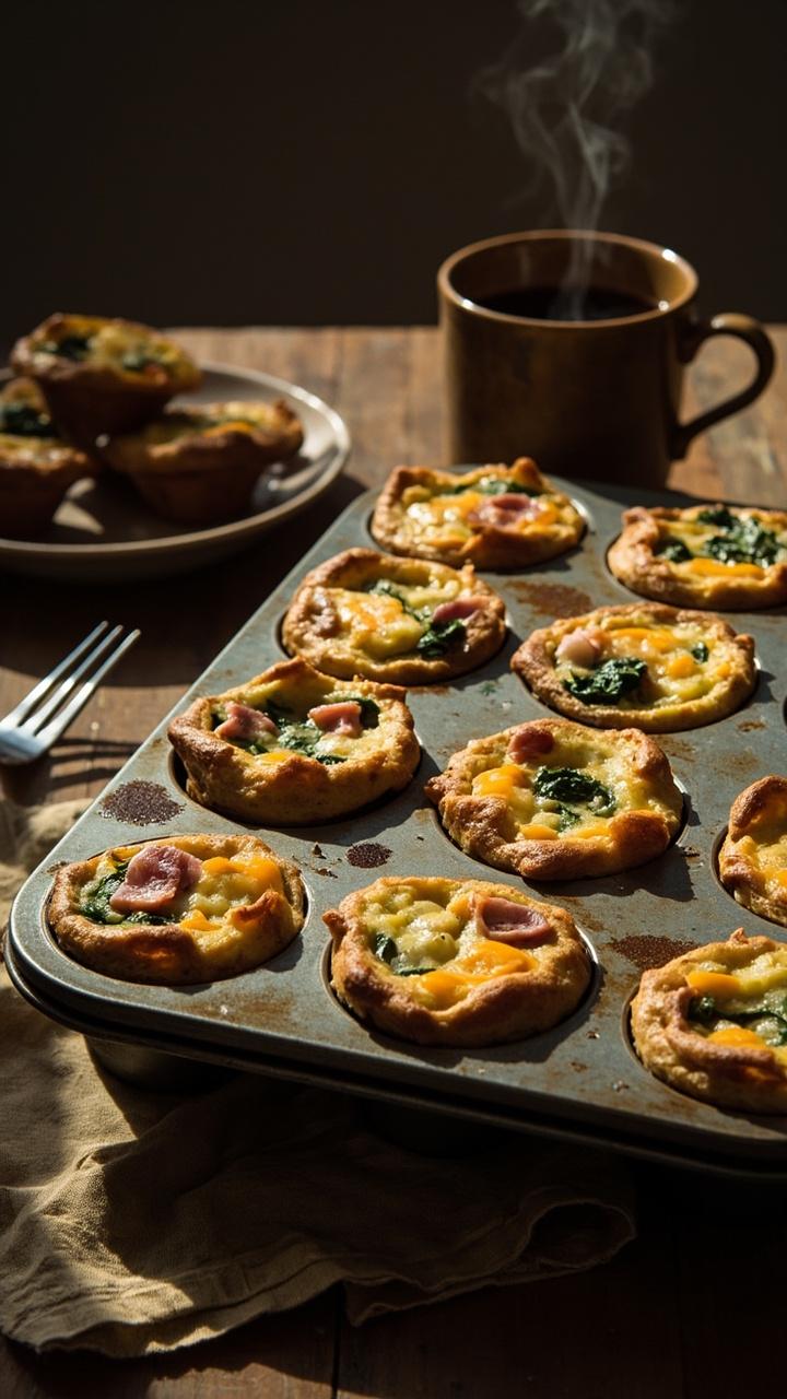 Tray of twelve mini quiche muffins in a metal muffin tin with golden edges and a variety of toppings visible like ham spinach and cheddar, a few muffins on a small plate with a fork and a coffee cup. Tray of twelve mini quiche muffins in a metal muffin tin with golden edges and a variety of toppings visible like ham spinach and cheddar, a few muffins on a small plate with a fork and a coffee cup.