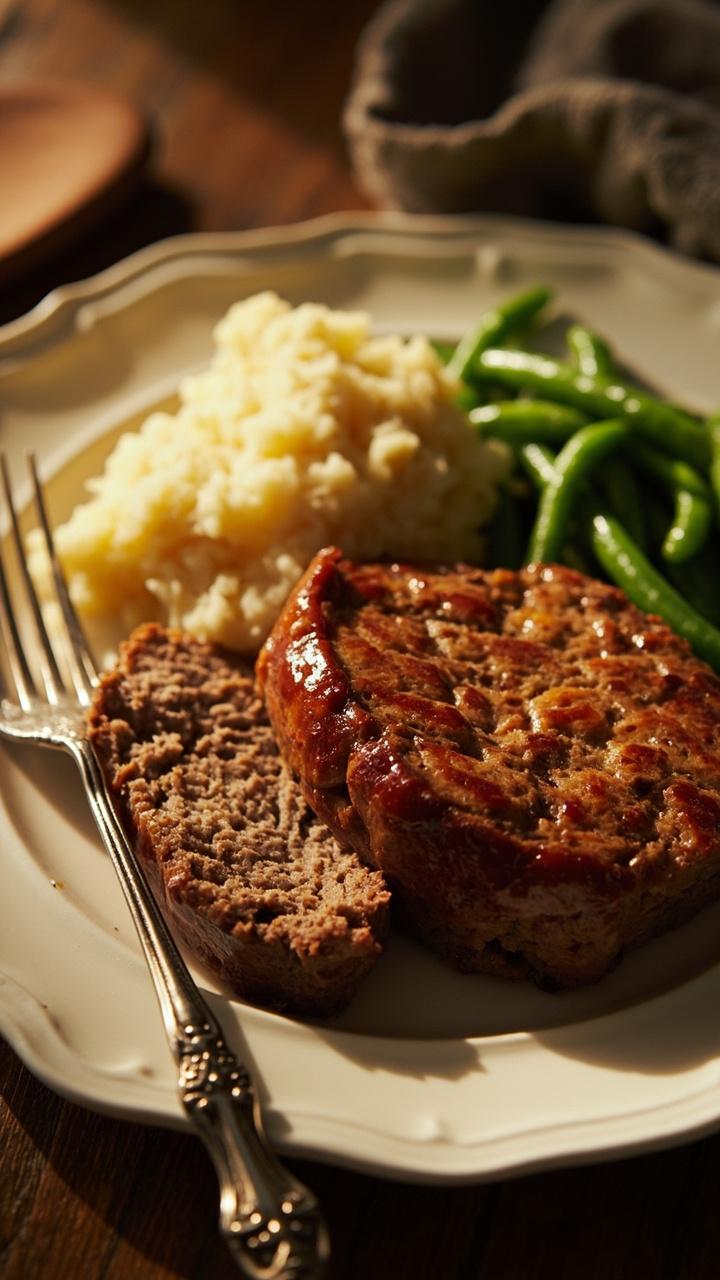 A thick slice of golden meatloaf on a white plate next to a scoop of mashed potatoes and steamed green beans. A vintage fork rests beside the slice. Cracked glaze on top visible. Warm kitchen towel folded nearby.