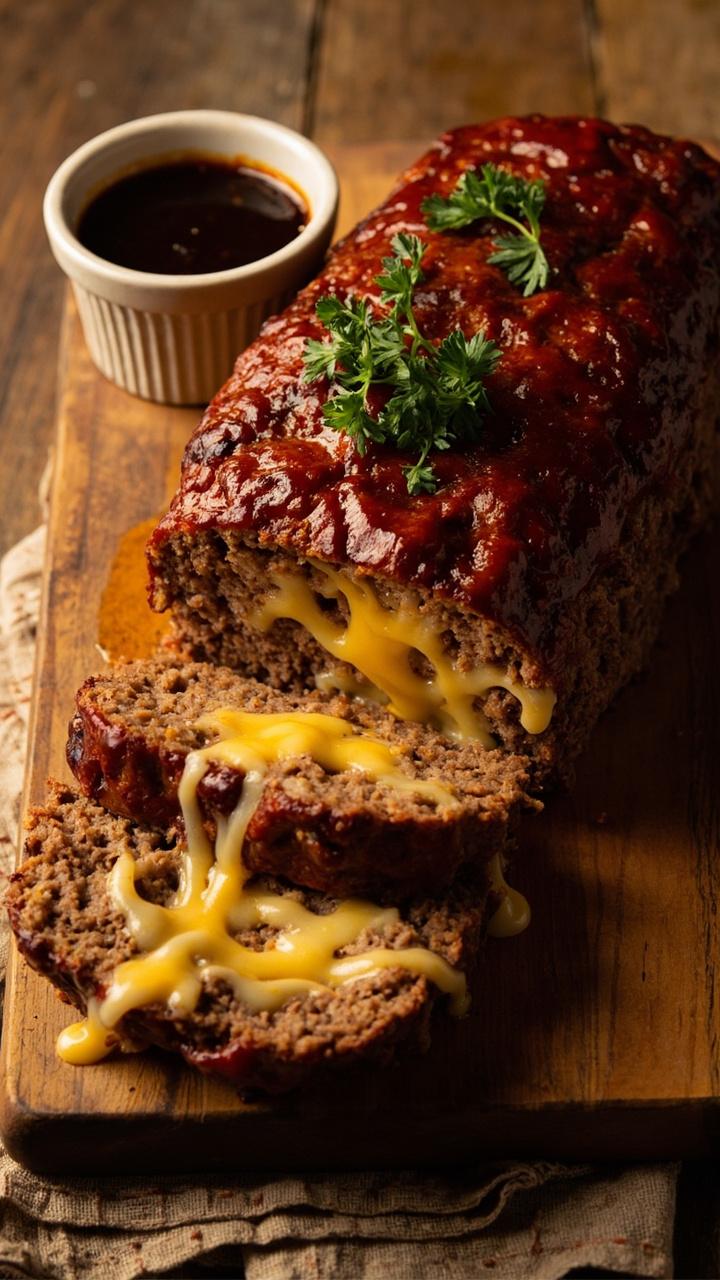 A sliced meatloaf with melting strands of cheddar visible. Sprigs of parsley on top. A small ramekin of extra pan juices beside the loaf. Wooden cutting board and linen napkin beneath.