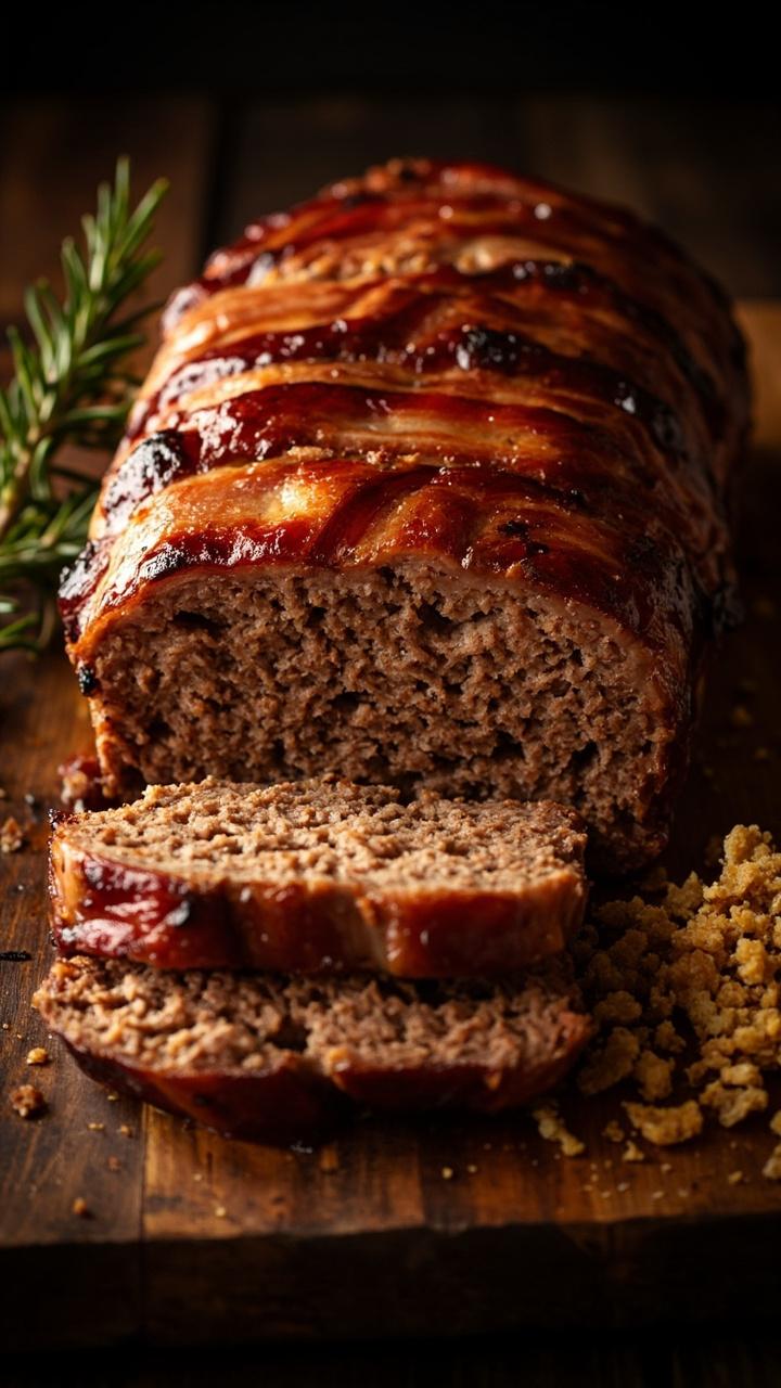 A loaf wrapped in evenly laid bacon strips, browned and slightly crisp. Sliced to show juicy interior. Serving board with rosemary sprig and small pile of extra stuffing crumbs.