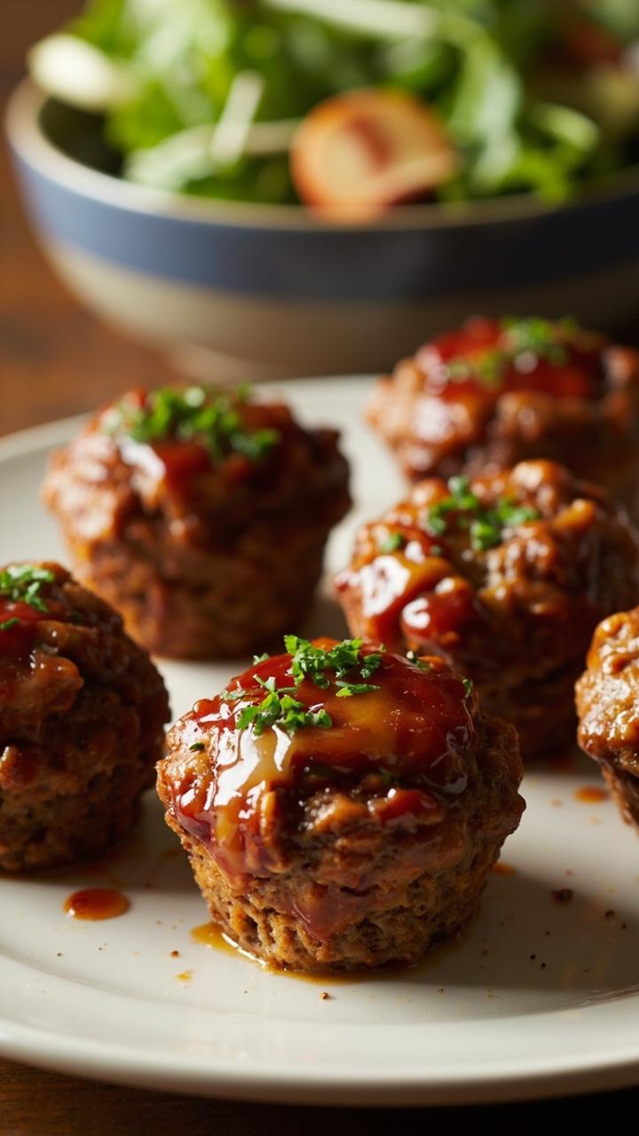 Six meatloaf muffins in a muffin tin removed and plated. Each topped with a dab of glaze and a sprinkle of chopped parsley. Small salad bowl beside the plate.