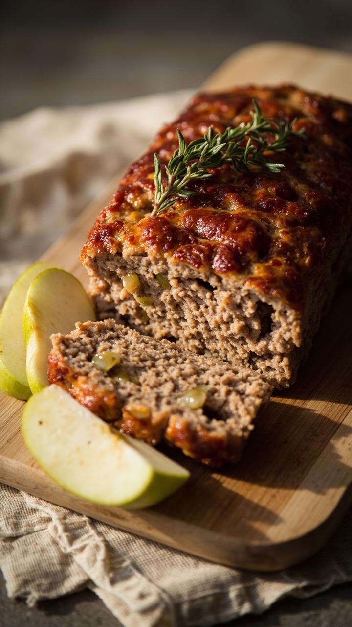 A cross section of turkey meatloaf showing flecks of apple. Thin apple slices on the side and a sprig of thyme on top. Light wood board and linen napkin.