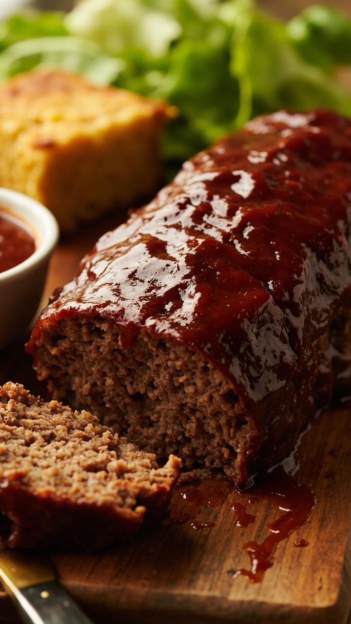 A meatloaf slathered in glossy barbecue glaze with charred edges. A small bowl of extra BBQ sauce nearby. Cornbread and a simple green salad in the background.