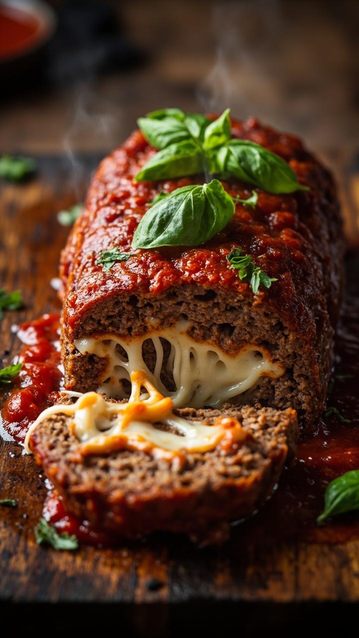 A sliced meatloaf with stringy mozzarella stretching between slices. Marinara spooned at the base. Fresh basil leaves for garnish. Rustic skillet or board beneath.