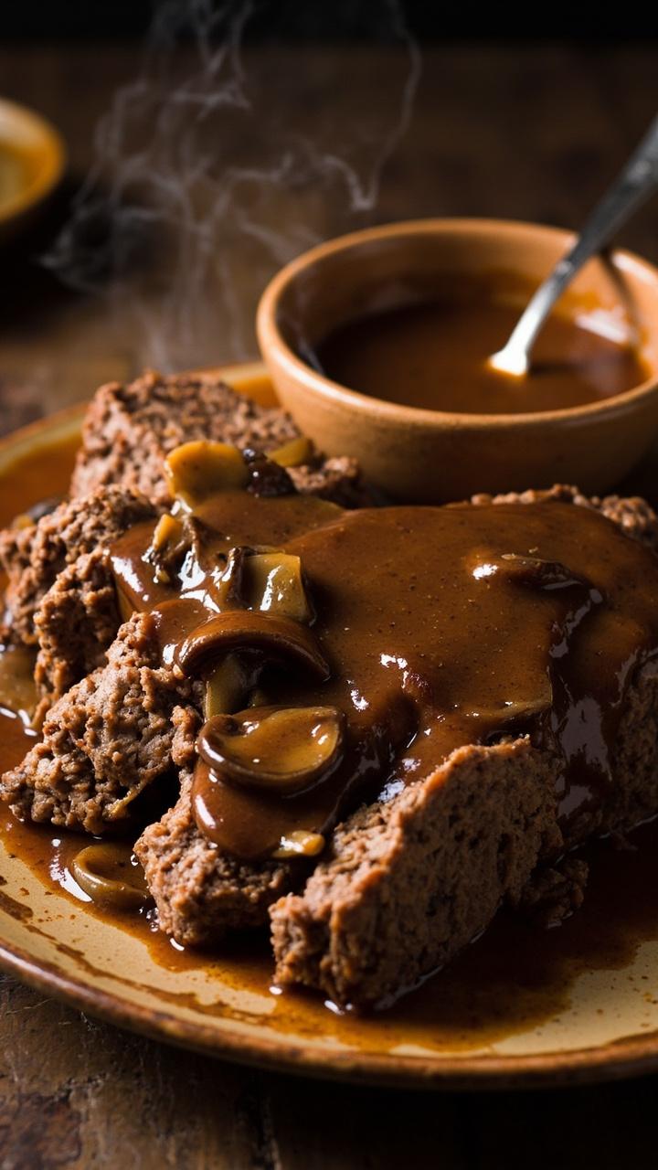 A sliced meatloaf on a plate smothered in brown mushroom gravy. Sliced mushrooms visible in the sauce. Rustic plate and a spoon resting in a shallow bowl of extra gravy.