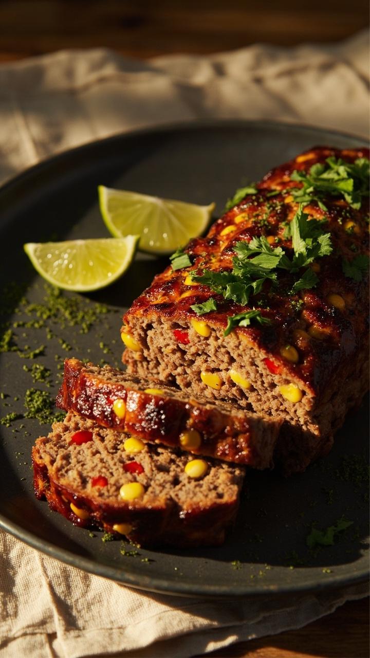 A slice of meatloaf flecked with yellow corn and red pepper. Lime wedge on the side and chopped cilantro scattered on top. Dark plate and simple cotton napkin.