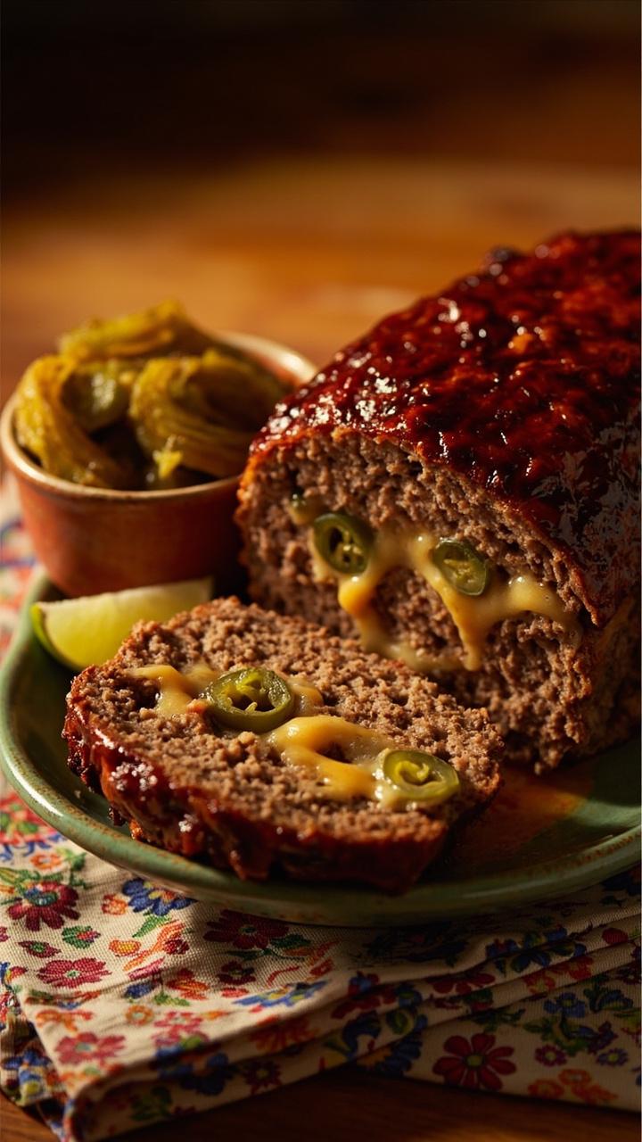A slice of meatloaf with green jalapeño pieces and melted cheddar visible. A small bowl of pickled jalapeños on the side and a lime wedge. Warm tabletop with patterned napkin.