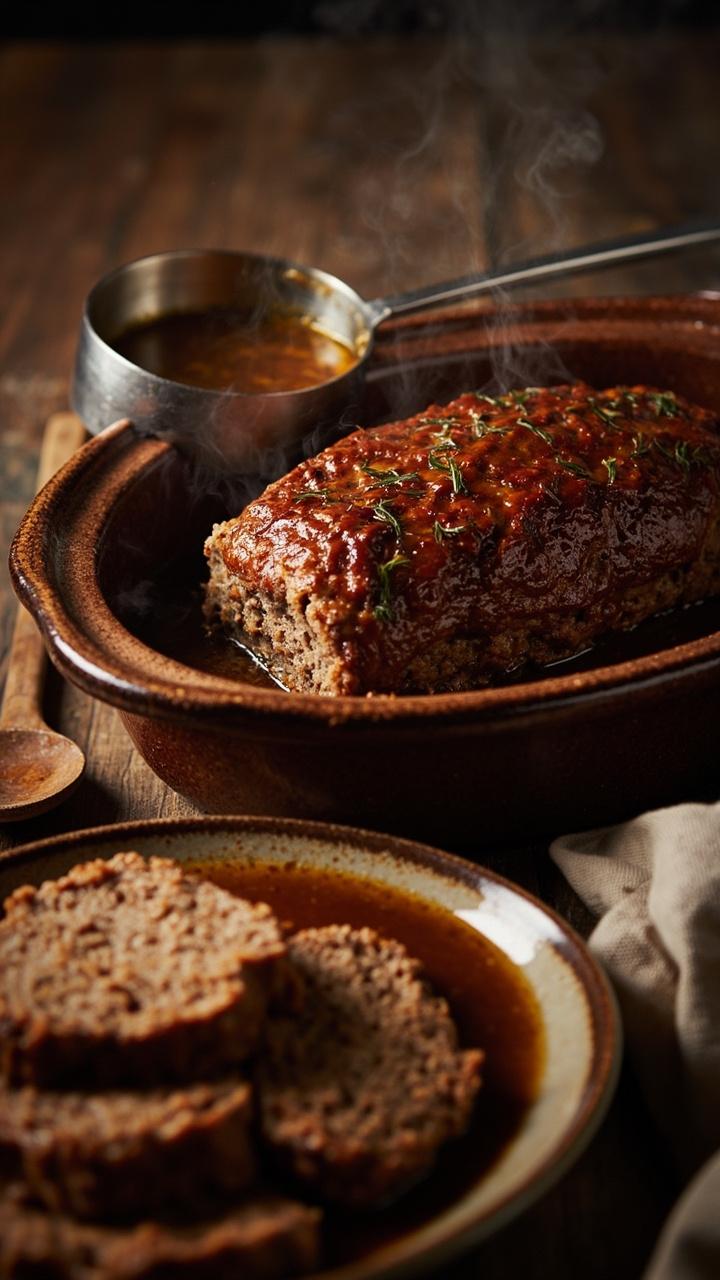 A whole meatloaf in a slow cooker with a ladle of juices nearby. Slices ready on a plate beside slow cooker. A wooden spoon and kitchen towel in the scene.