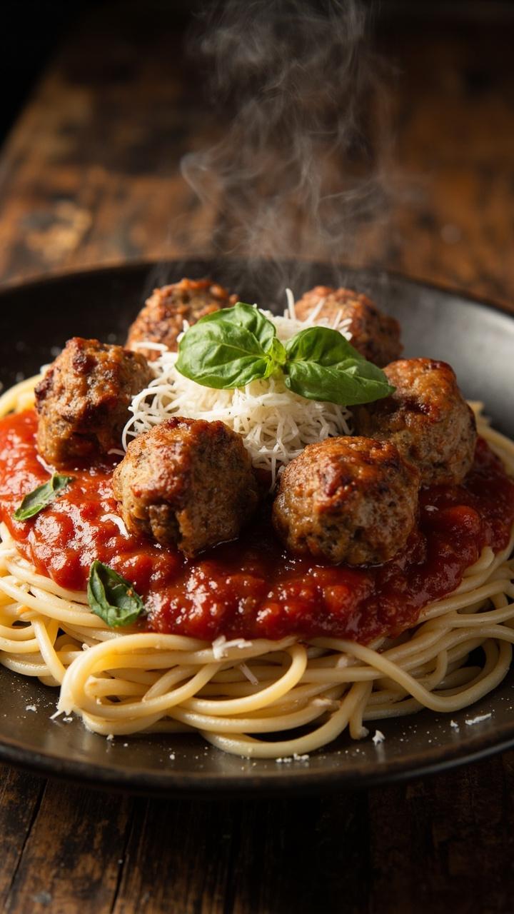Five golden browned meatballs nestled on a bed of al dente spaghetti, glossy red marinara spooned over the top, a sprinkle of grated Parmesan, a few torn basil leaves, and a rustic wood table beneath