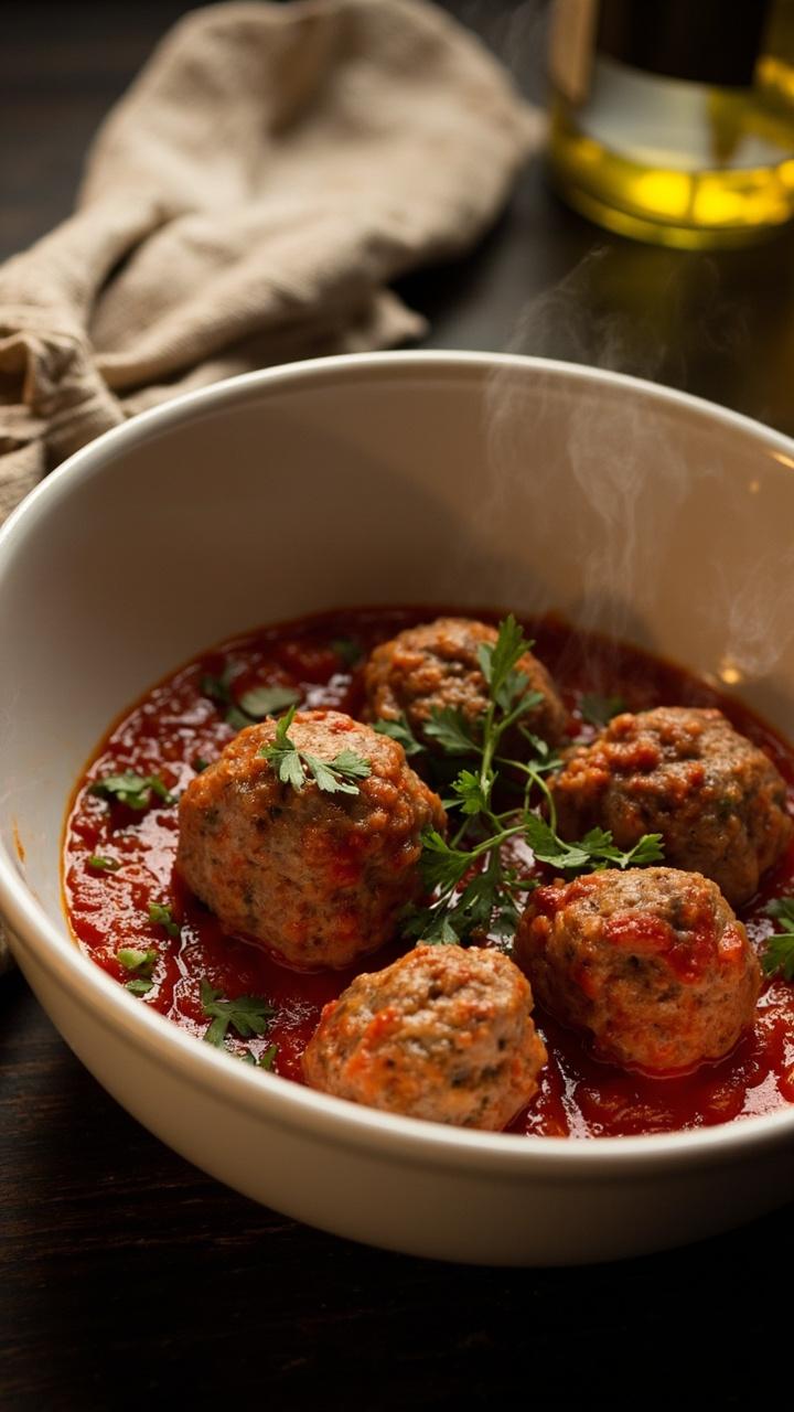 A shallow white bowl with four large saucy meatballs sitting in a pool of thick tomato sauce, a drizzle of olive oil, a scattering of chopped parsley, and a folded linen napkin at the side
