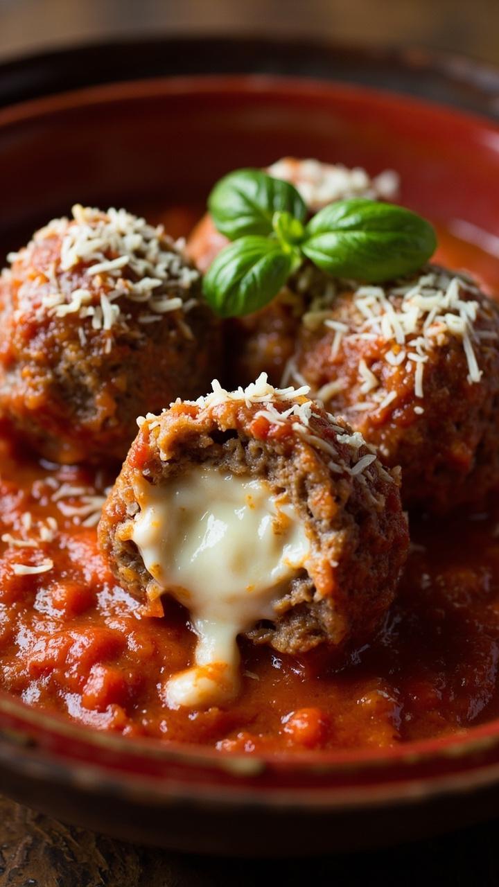 A shallow red bowl with three meatballs, one cut open to reveal melted white mozzarella, bright red tomato sauce, a dusting of grated Parmesan, and a small basil sprig on top