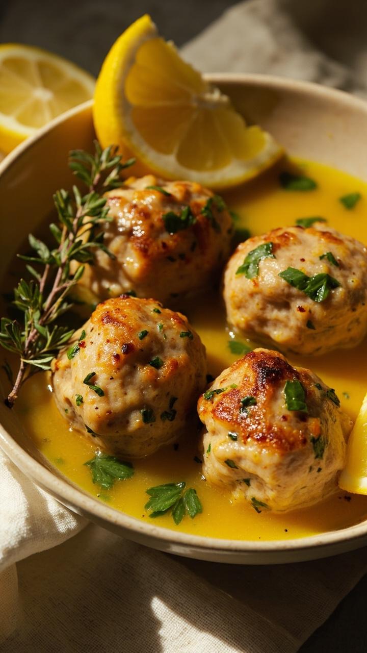 A shallow pasta bowl with four pale golden chicken meatballs dotted with green herbs sitting in a light lemony sauce, lemon wedges on the rim, and a sprig of thyme nearby