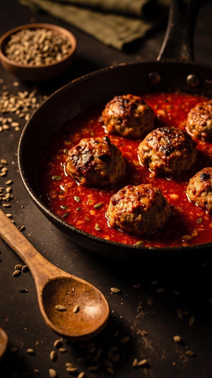 A shallow skillet shot with five browned pork meatballs in glossy red sauce, visible flecks of fennel seeds, a small bowl of extra fennel seeds on the side, and a wooden spoon resting nearby