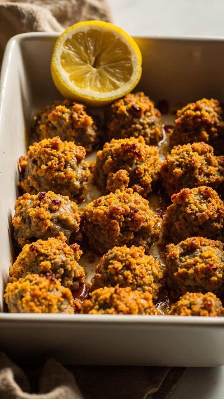 A shallow baking dish with a neat row of golden baked meatballs topped with toasted garlic crumbs, a lemon wedge off to one side, and a linen towel under the dish