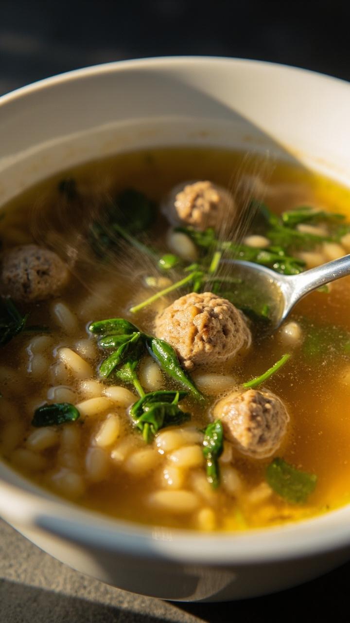 A deep white soup bowl with clear golden broth, small delicate meatballs floating with chopped spinach and tiny pasta like orzo, a spoon resting at the rim, and steam visible