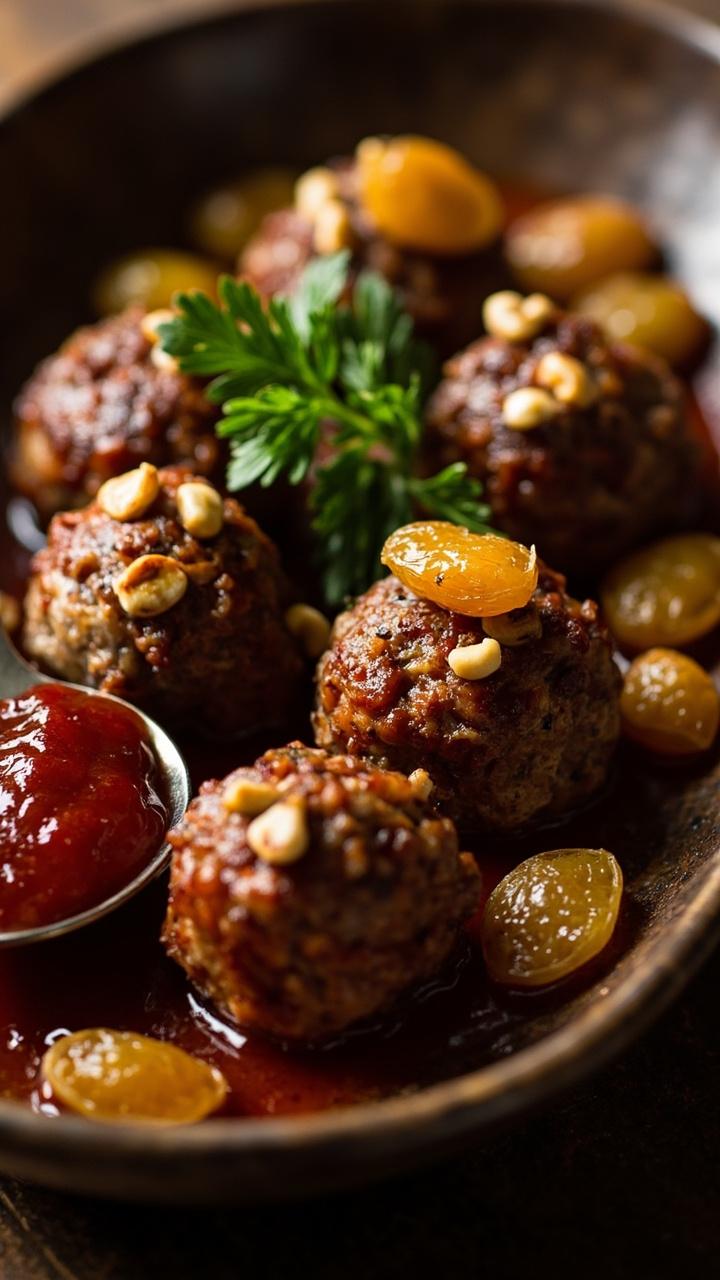 A shallow platter with round meatballs garnished with toasted pine nuts and a few golden raisins, a spoonful of tomato glaze beside them, and a sprig of parsley for color