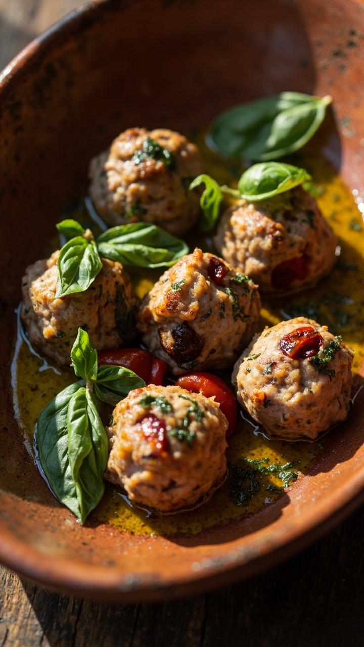 A shallow bowl with five lightly browned turkey meatballs studded with red sundried tomato pieces, fresh basil leaves scattered, and a small drizzle of olive oil visible on top