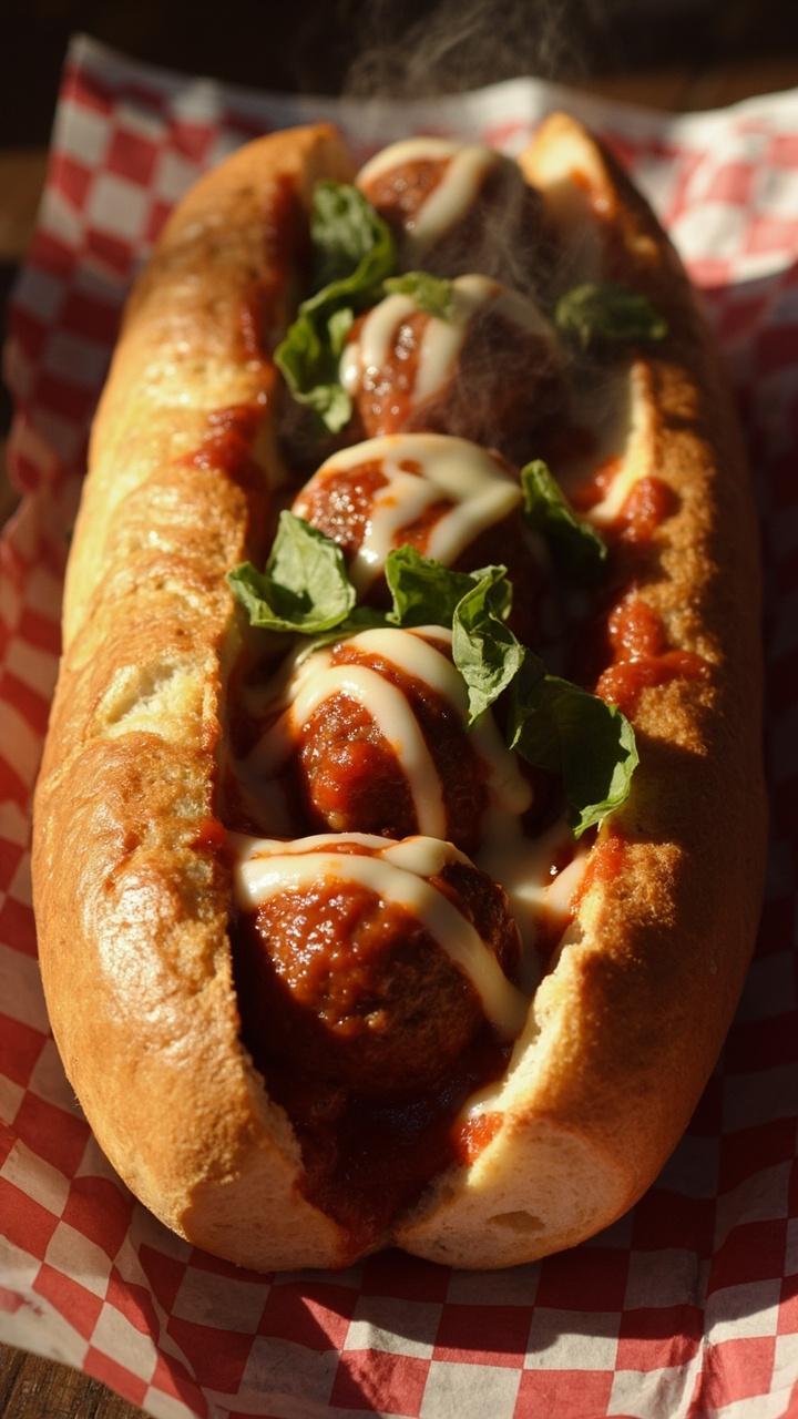 A toasted hoagie roll split open with three saucy meatballs tucked inside, provolone melted over them, a few torn basil leaves, and a picnic paper beneath