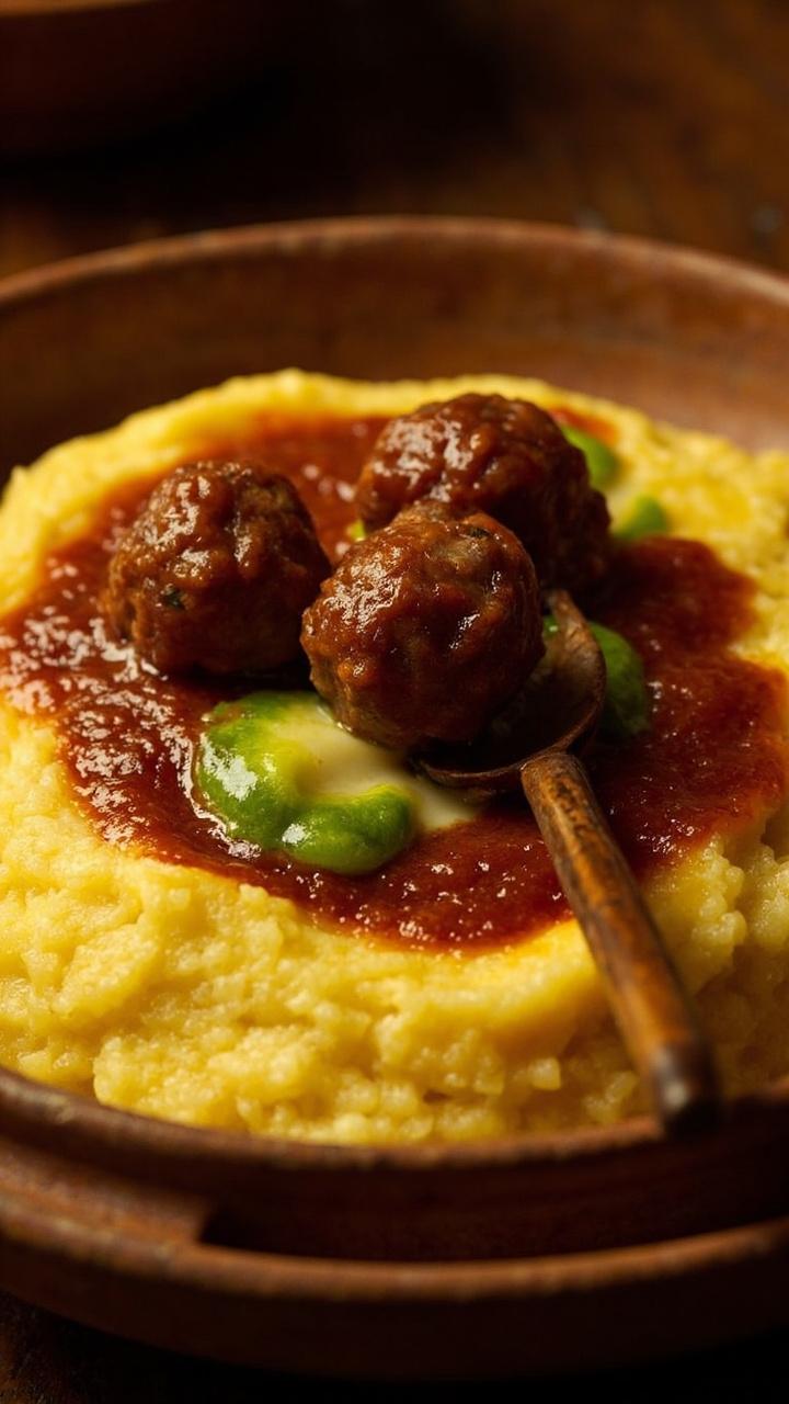 A shallow bowl with a smooth pale yellow polenta base, three saucy meatballs sitting atop, a small dollop of glossy green basil butter melting, and a wooden fork beside the bowl