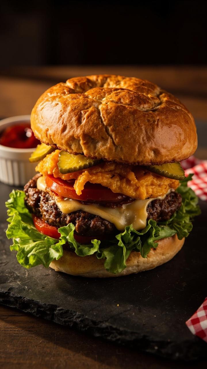 A toasted brioche bun split open with a thick beef patty topped with melted American cheese, a crisp lettuce leaf, a bright red tomato slice, and a few pickle chips, all staged on a slate board with a small ramekin of ketchup and a folded checkered napkin