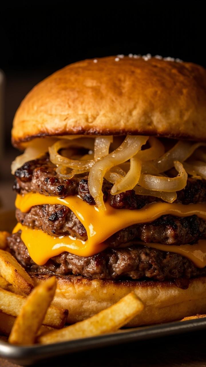 Two thin dark edged patties overlapping on a soft potato roll with melted American cheese, thinly sliced onions thrown on top, and a small metal tray of fries next to it
