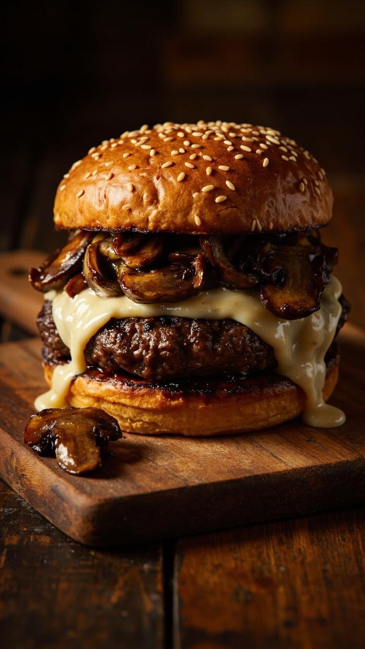 A sesame bun holding a beef patty topped with glossy sauteed mushrooms and melted Swiss, served on a wooden board with a small pile of caramelized mushroom slices beside it