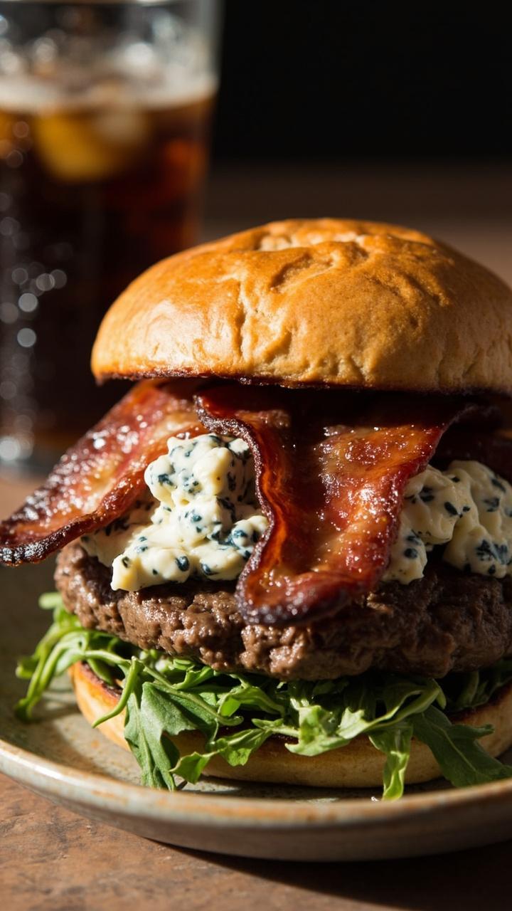 A soft kaiser roll with a beef patty topped with crumbled blue cheese and two strips of crispy bacon, arugula peeking out, served on a ceramic plate with a small glass of cola in the background