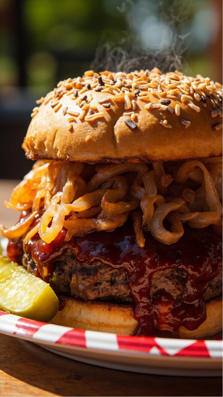 A toasted onion bun with a thick beef patty generously slathered in dark barbecue sauce and topped with a glossy pile of golden caramelized onions, a pickle spear on the side on a picnic style plate