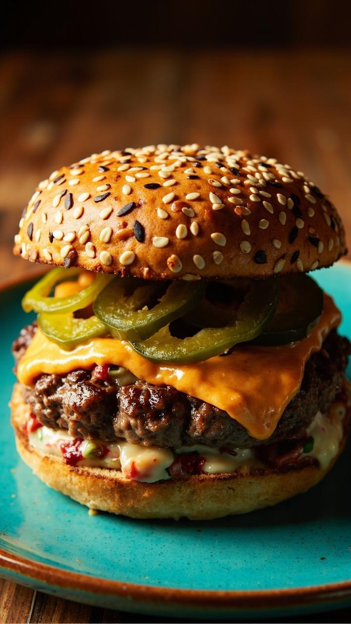 A seeded bun with a beef patty topped with melted pepper jack and thin rings of fresh jalapeño, a smear of chipotle mayo visible on the bun, served on a bright colored plate