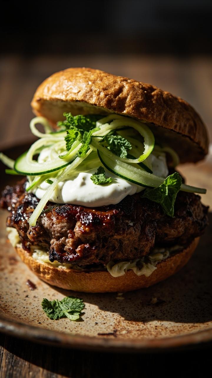 A whole wheat bun with a grilled lamb patty topped with a dollop of white cucumber yogurt sauce, a few mint leaves and thin cucumber ribbons, served on a rustic plate