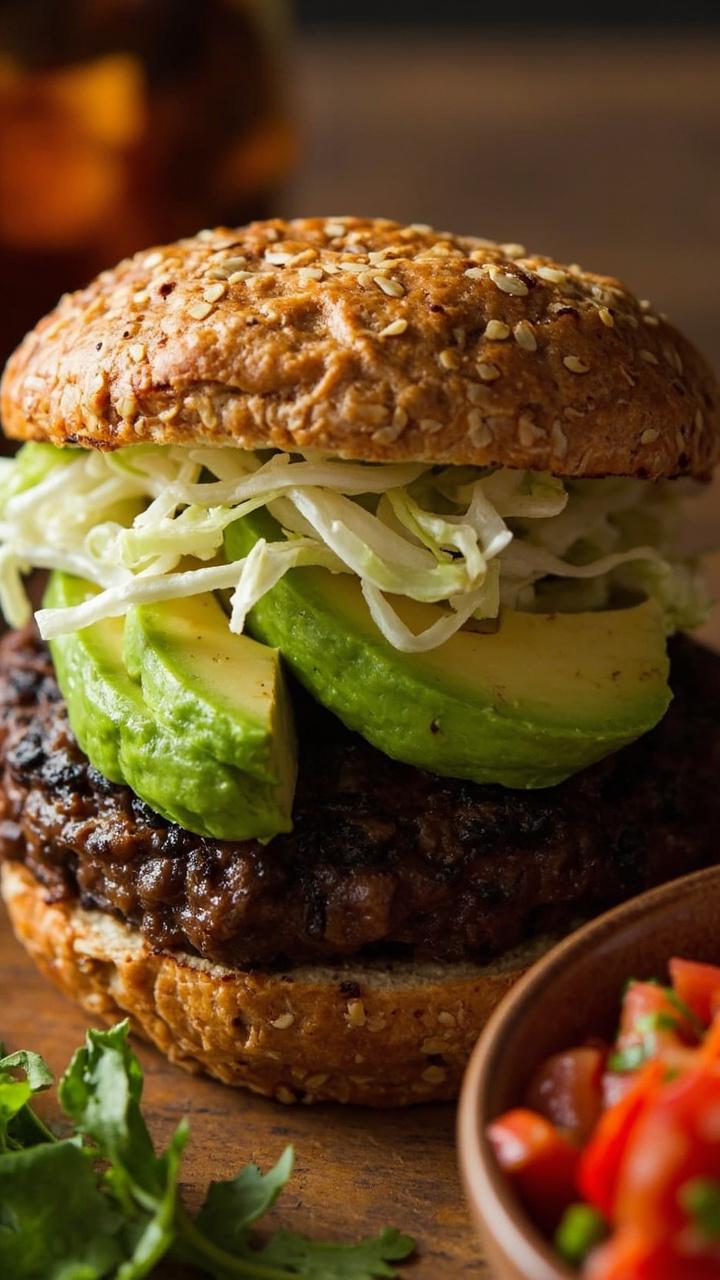 A whole grain bun with a dark charred black bean patty topped with avocado slices and shredded lettuce, a small bowl of salsa on the side