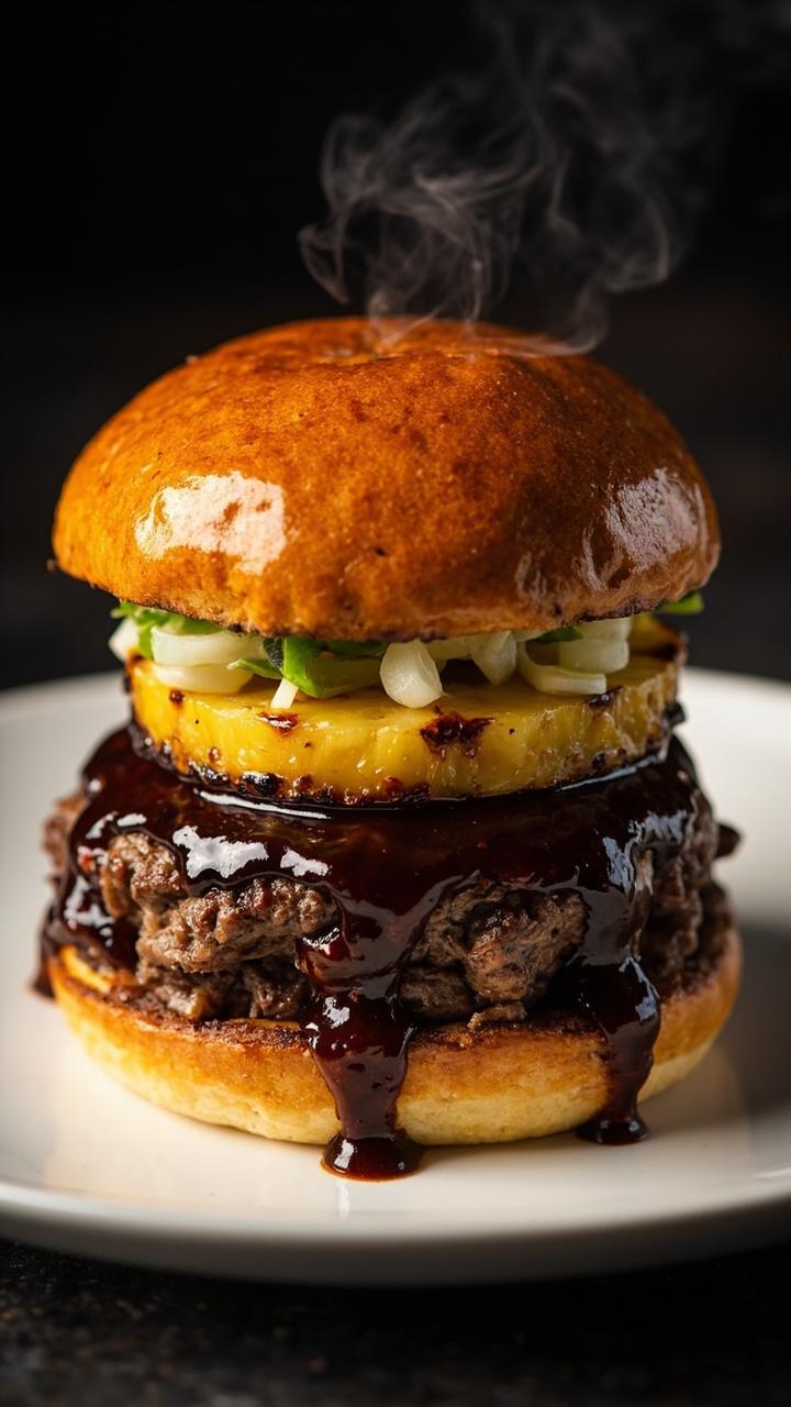 A shiny brioche bun with a beef patty brushed with teriyaki glaze and a charred pineapple ring on top, thin green onion slices sprinkled over the pineapple, served on a white plate