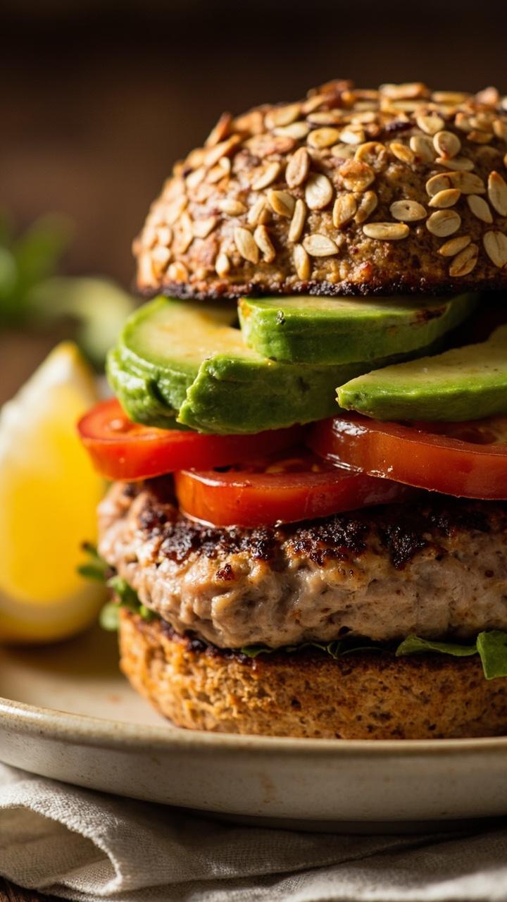 A multigrain bun with a golden turkey patty topped with sliced avocado and a few tomato slices, a lemon wedge on the side and a napkin under the plate