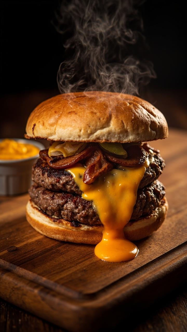 A split bun showing a thick patty oozing melted cheddar from the center with a golden crust and a small bowl of mustard on the side on a wooden board
