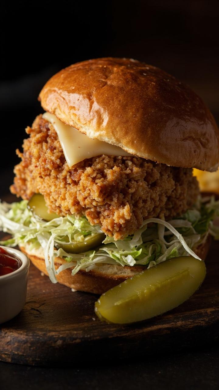 Golden breaded chicken breast on a toasted brioche bun with melted cheddar, shredded iceberg lettuce, dill pickle slices, and a small ramekin of ketchup on a rustic wooden board
