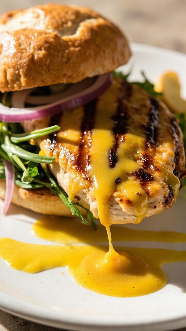 Grilled chicken breast brushed with honey mustard on a toasted ciabatta roll with baby arugula thinly sliced red onion and a smear of extra honey mustard on a white ceramic plate